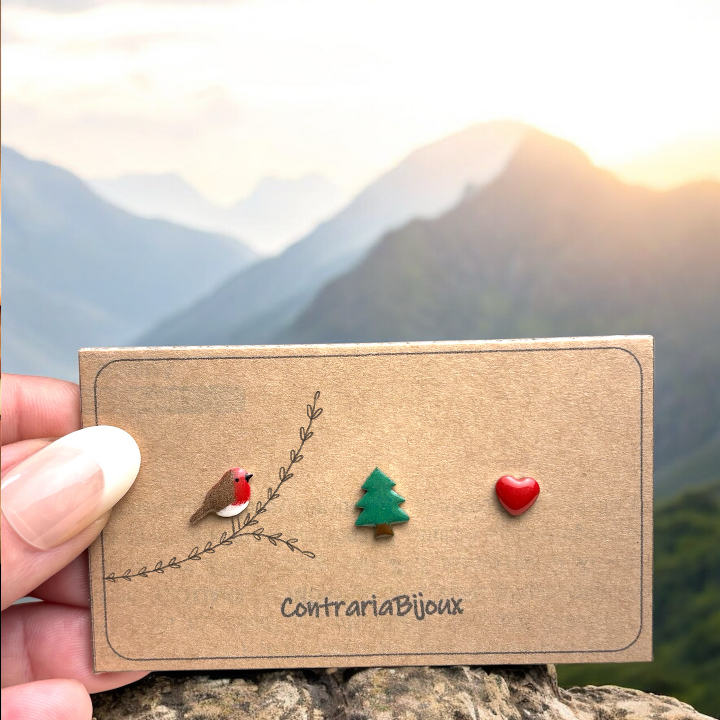 Orecchini Tris :  passerotto , abete e cuore