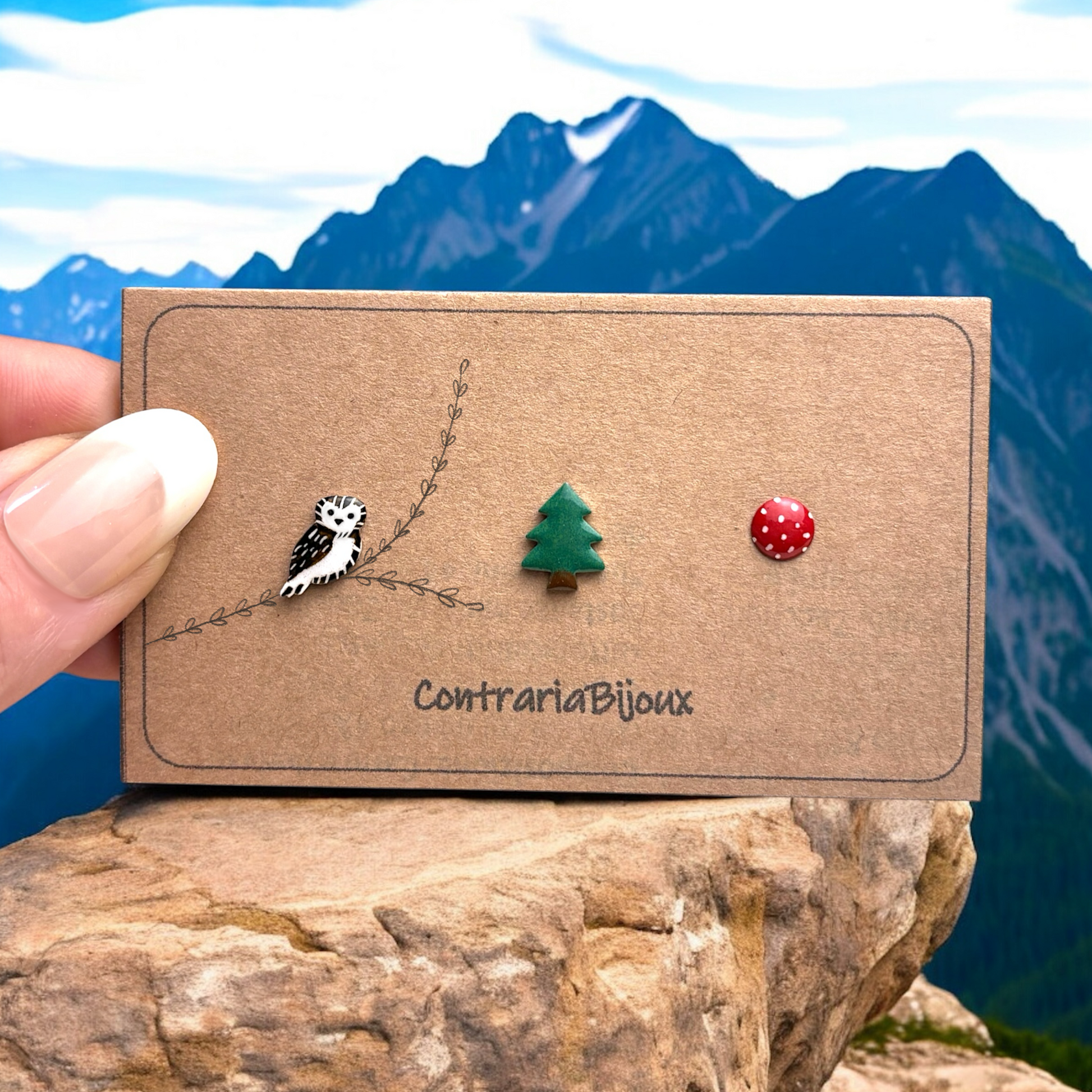 Orecchini Tris :  civetta , abete e cuore - ContrariaBijoux
