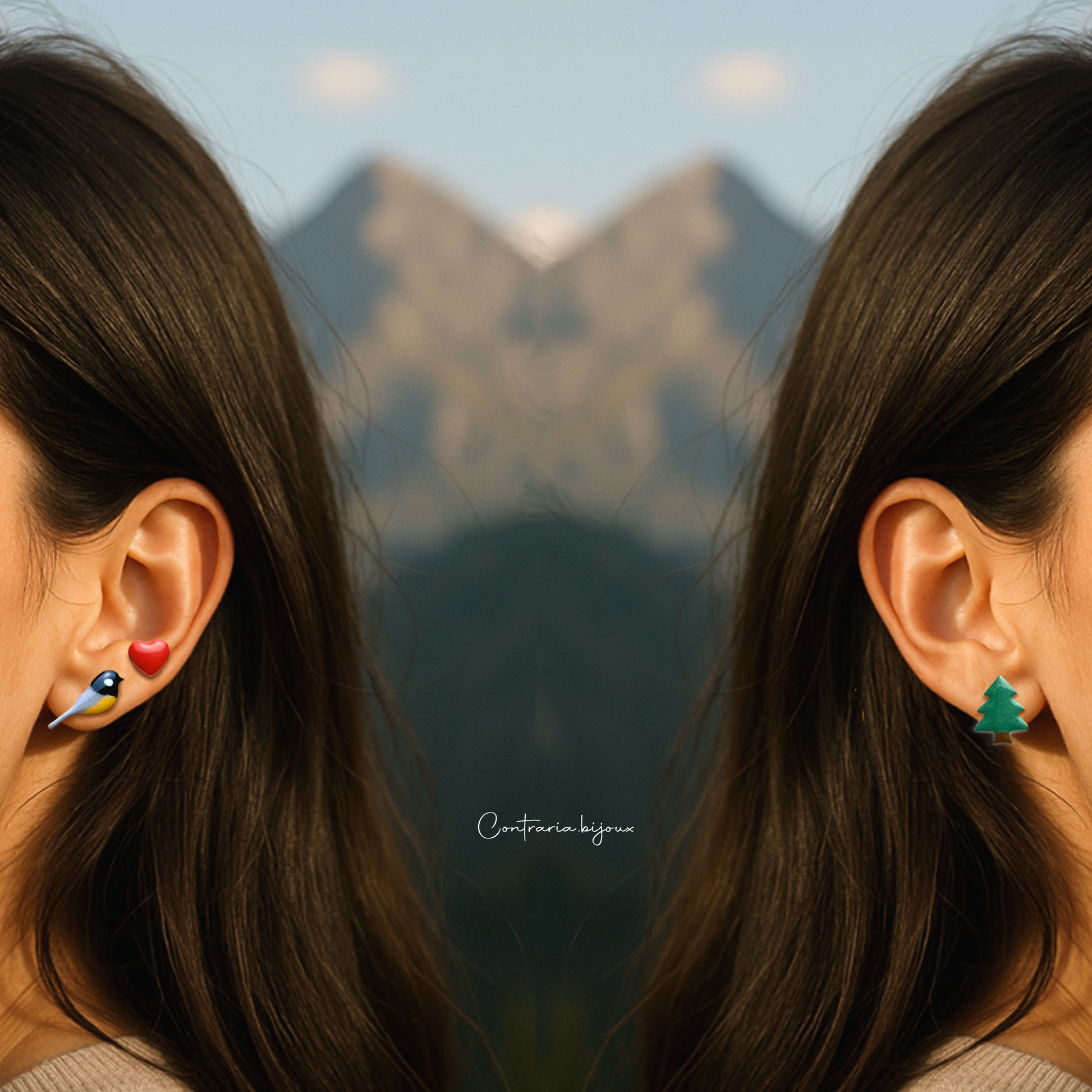 Orecchini Tris :  cinciallegra , abete e cuore - ContrariaBijoux