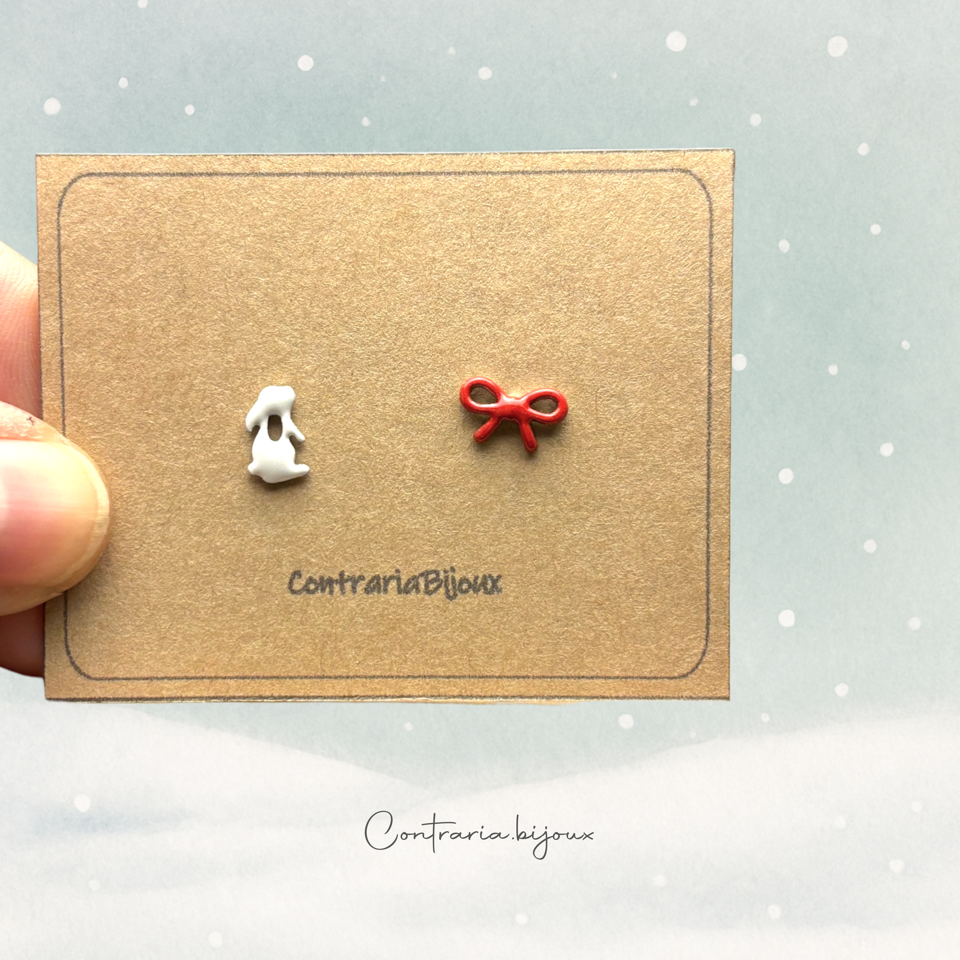 Orecchini Coniglio Bianco e fiocco rosso, orecchini coniglio bianco ed albero di Natale