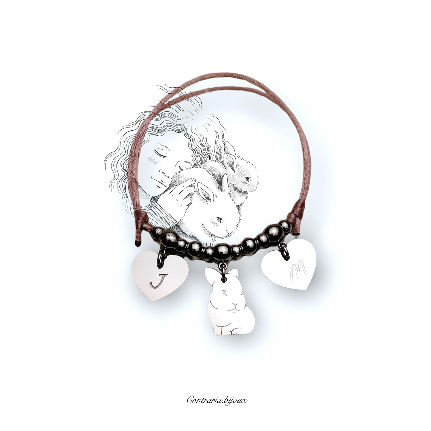 Bracciale Coniglietto e ciondolo cuore con iniziale incisa