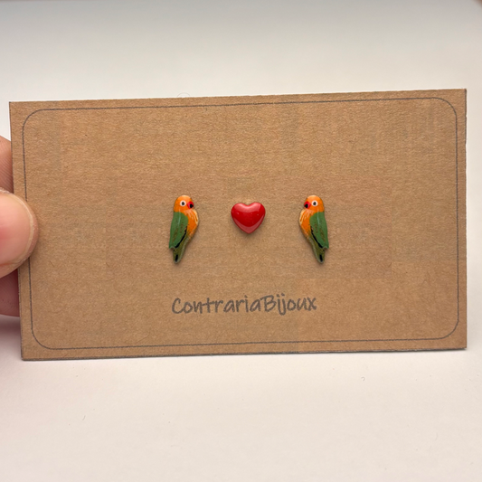 Orecchini pappagalli inseparabili e cuore - Eleganti orecchini pappagalli - ContrariaBijoux