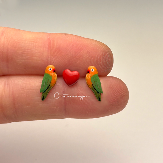 Orecchini pappagalli inseparabili e cuore - Eleganti orecchini pappagalli - ContrariaBijoux