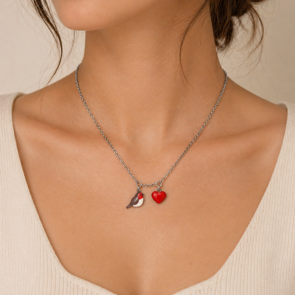 Collana con ciondolo pettirosso e cuore - ContrariaBijoux