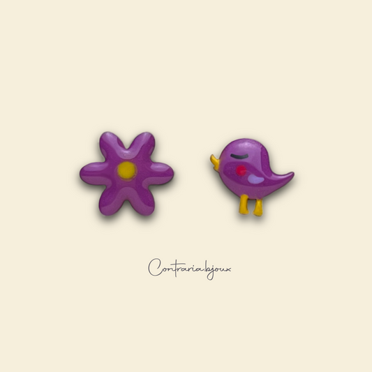 Orecchini uccellino e fiore | margherita azzurri - ContrariaBijoux