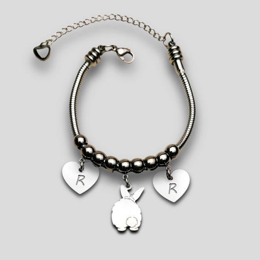 Bracciale Coniglio Codino a Pon Pon, Bracciale Coniglio personalizzato e cuore con nome inciso - ContrariaBijoux