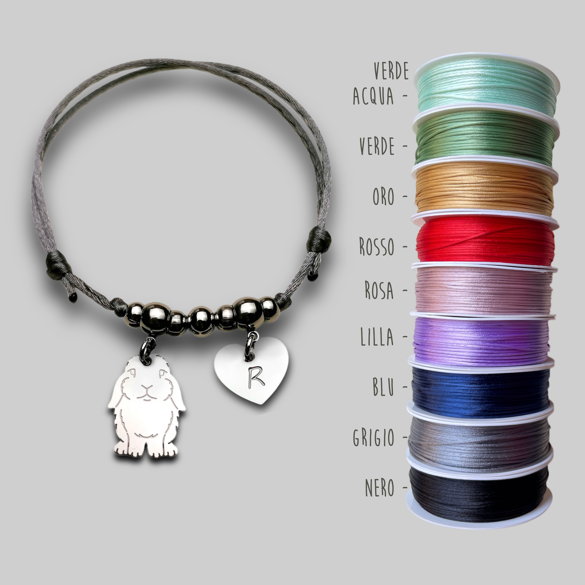 Bracciale ciondolo coniglio, Bracciale coniglio ariete e cuore con nome inciso, bracciale coniglio personalizzato - ContrariaBijoux