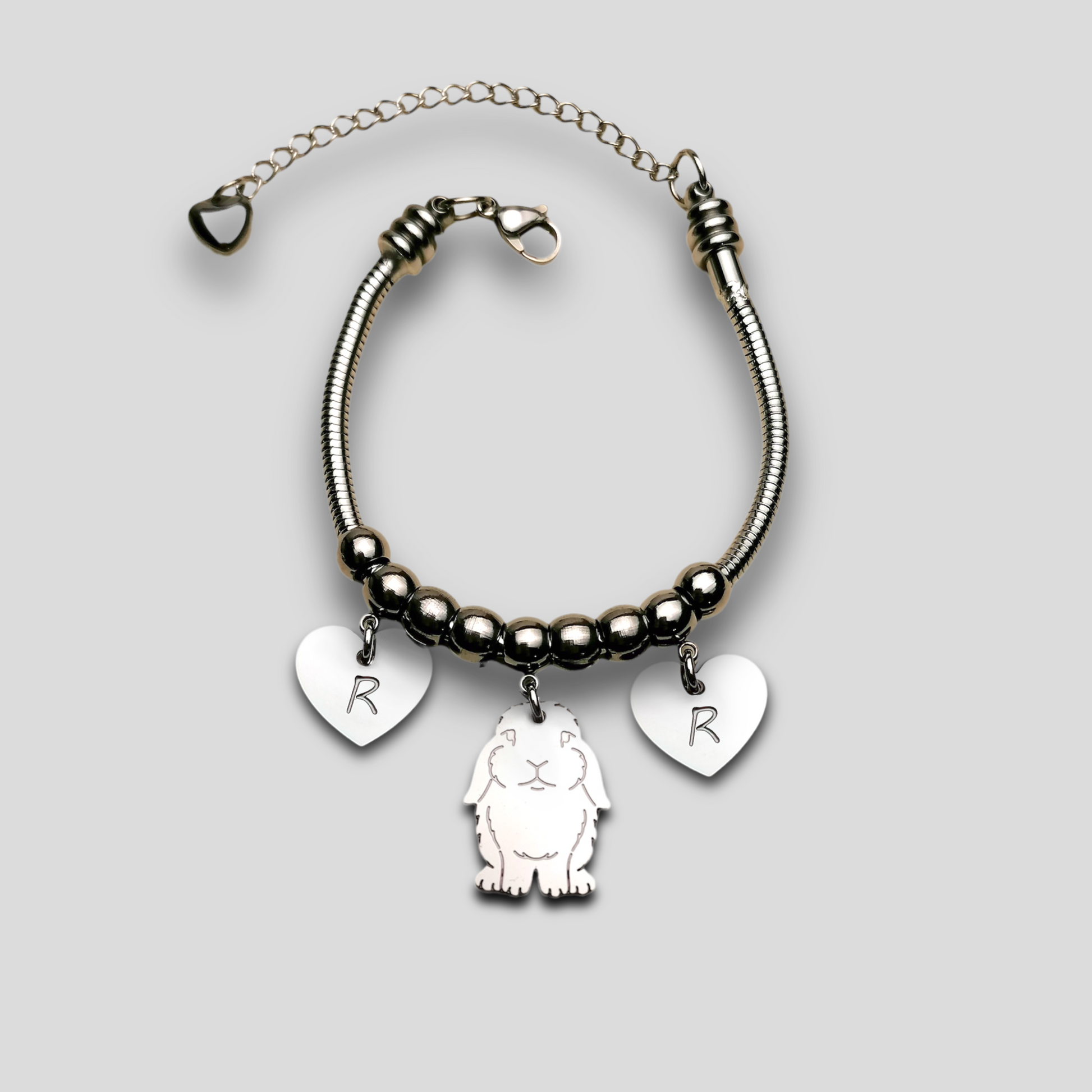 Bracciale ciondolo coniglio, Bracciale coniglio ariete e cuore con nome inciso, bracciale coniglio personalizzato - ContrariaBijoux
