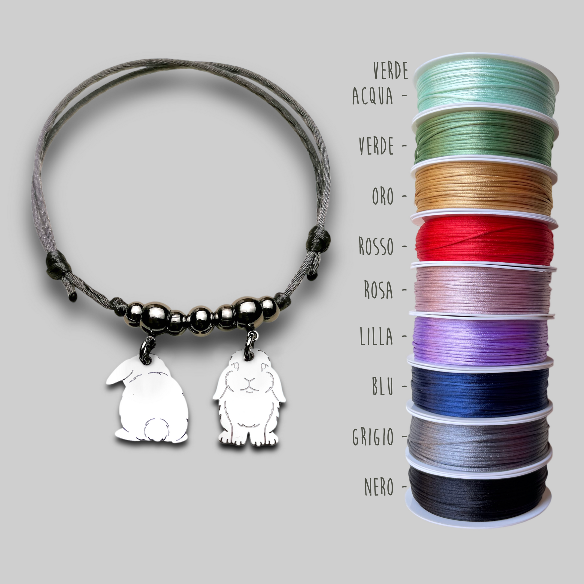 Bracciale ciondolo coniglio, Bracciale coniglio ariete e cuore con nome inciso, bracciale coniglio personalizzato - ContrariaBijoux