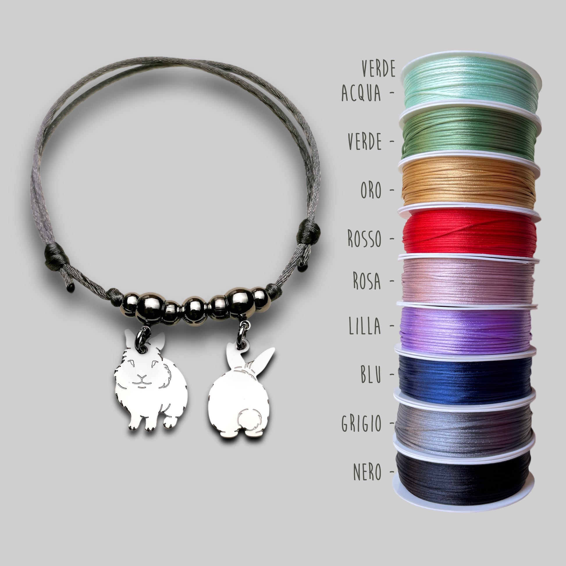Bracciale coniglio testa di leone , Bracciale personalizzato ciondolo coniglio testa di leone e cuore con nome inciso - ContrariaBijoux
