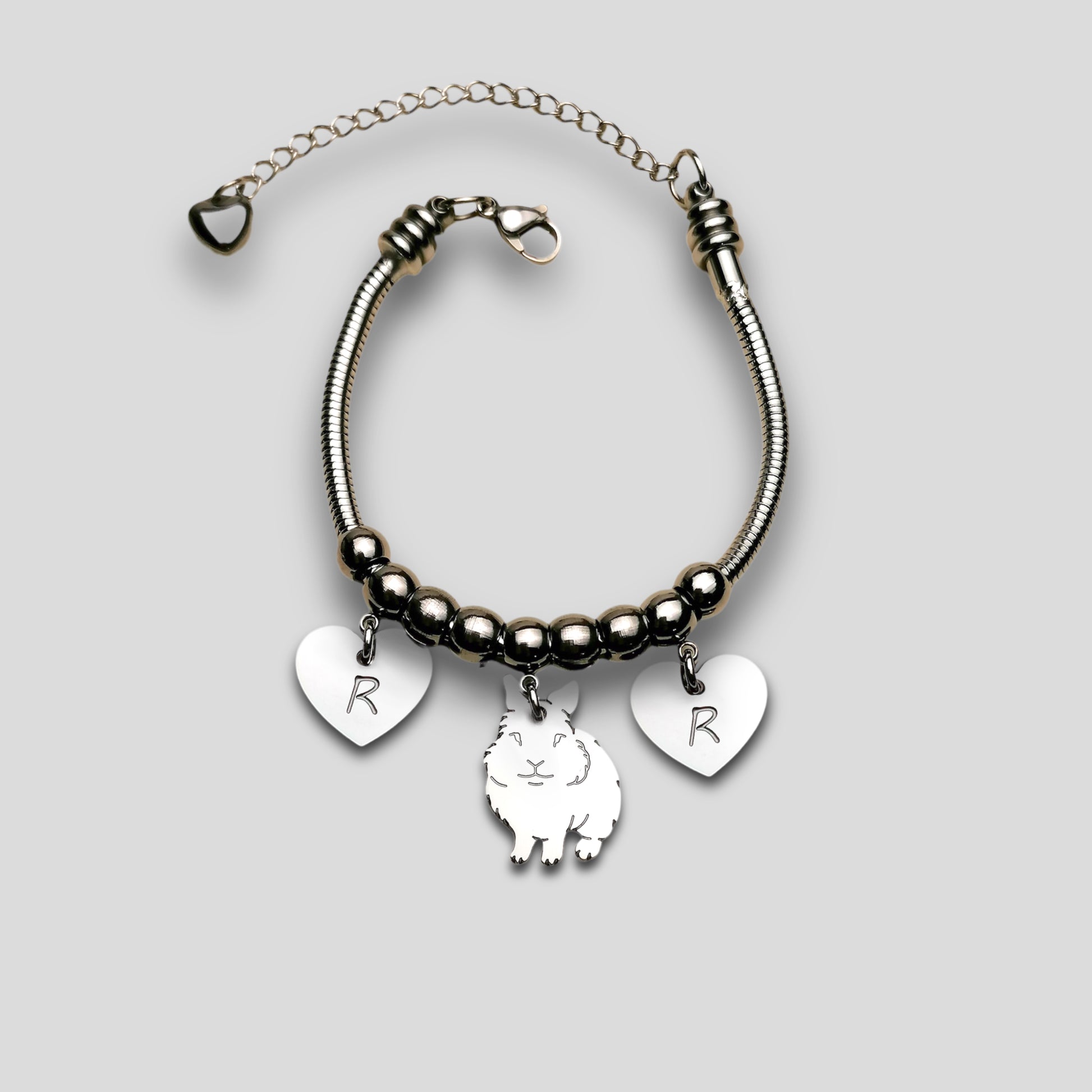 Bracciale coniglio testa di leone , Bracciale personalizzato ciondolo coniglio testa di leone e cuore con nome inciso - ContrariaBijoux