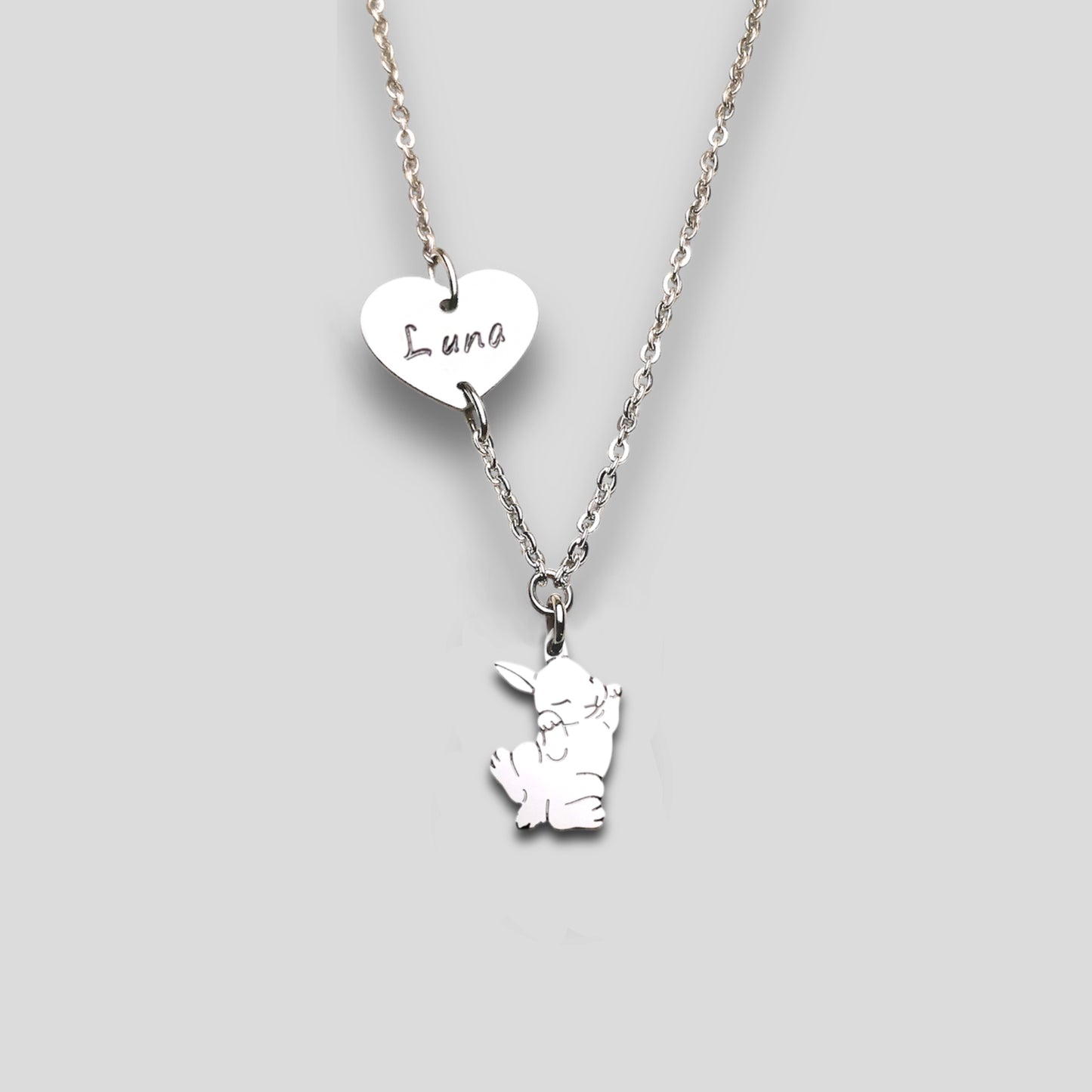 Collana coniglietto , Collana con coniglio nano e cuore con nome