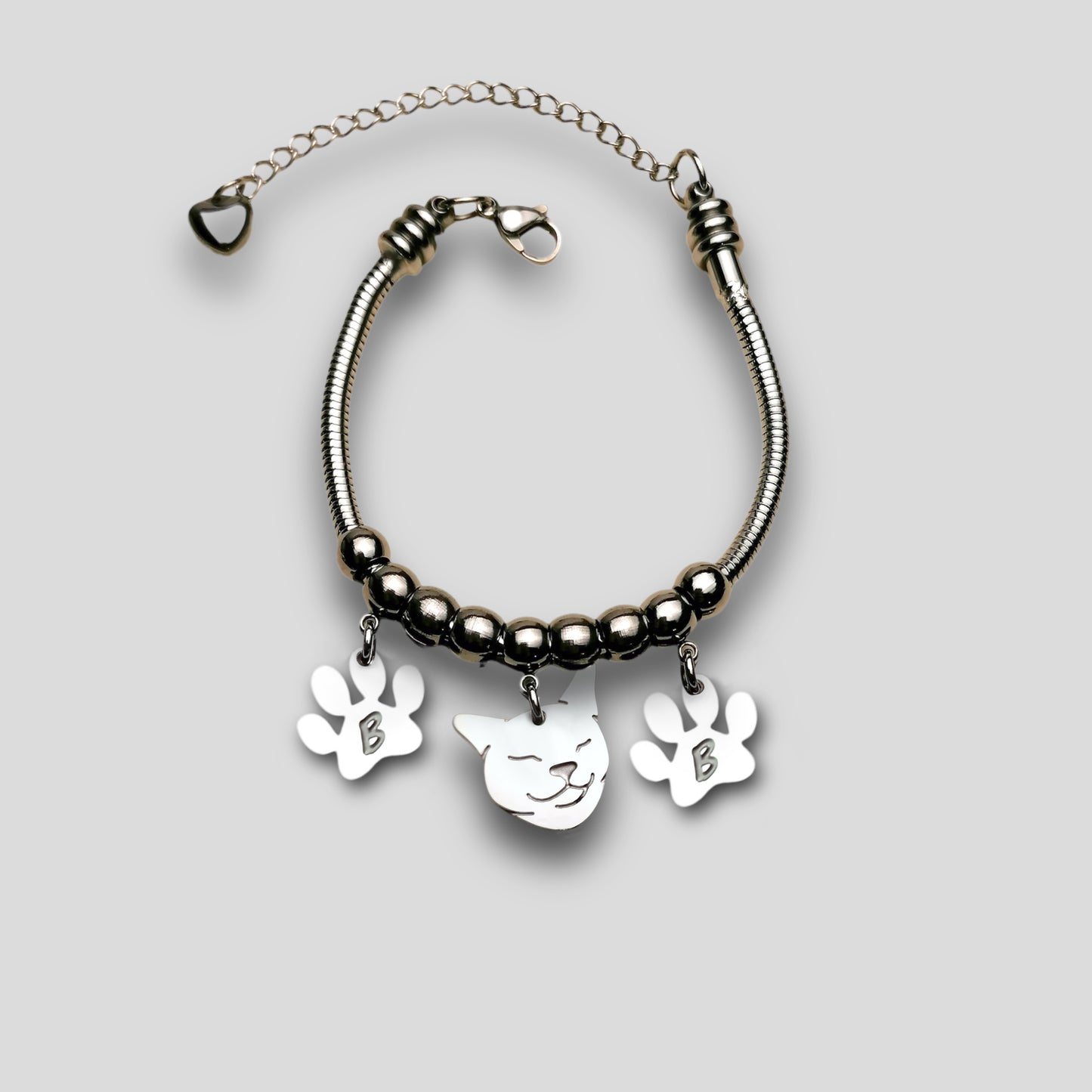 Bracciale Gatto e zampa con iniziale incisa, Bracciale snake con muso del gatto, ciondolo gatto