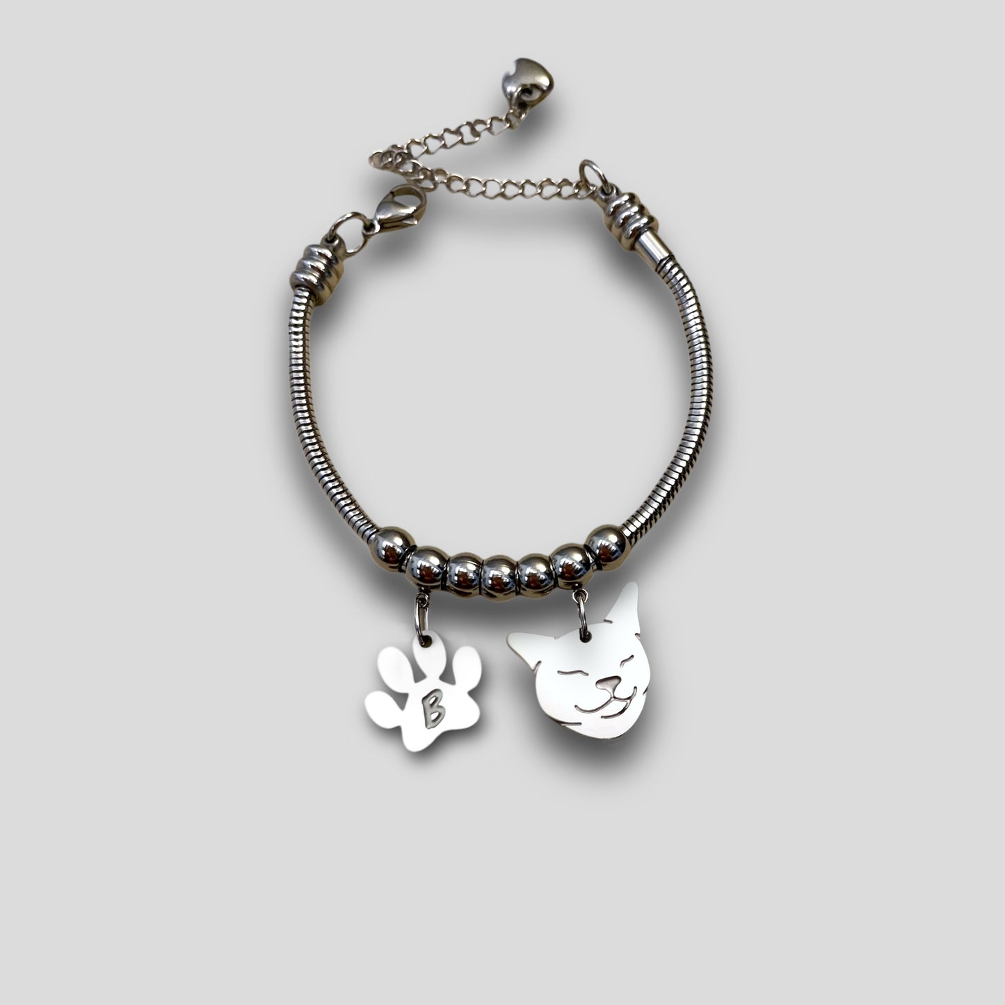 Bracciale Gatto e zampa con iniziale incisa, Bracciale snake con muso del gatto, ciondolo gatto