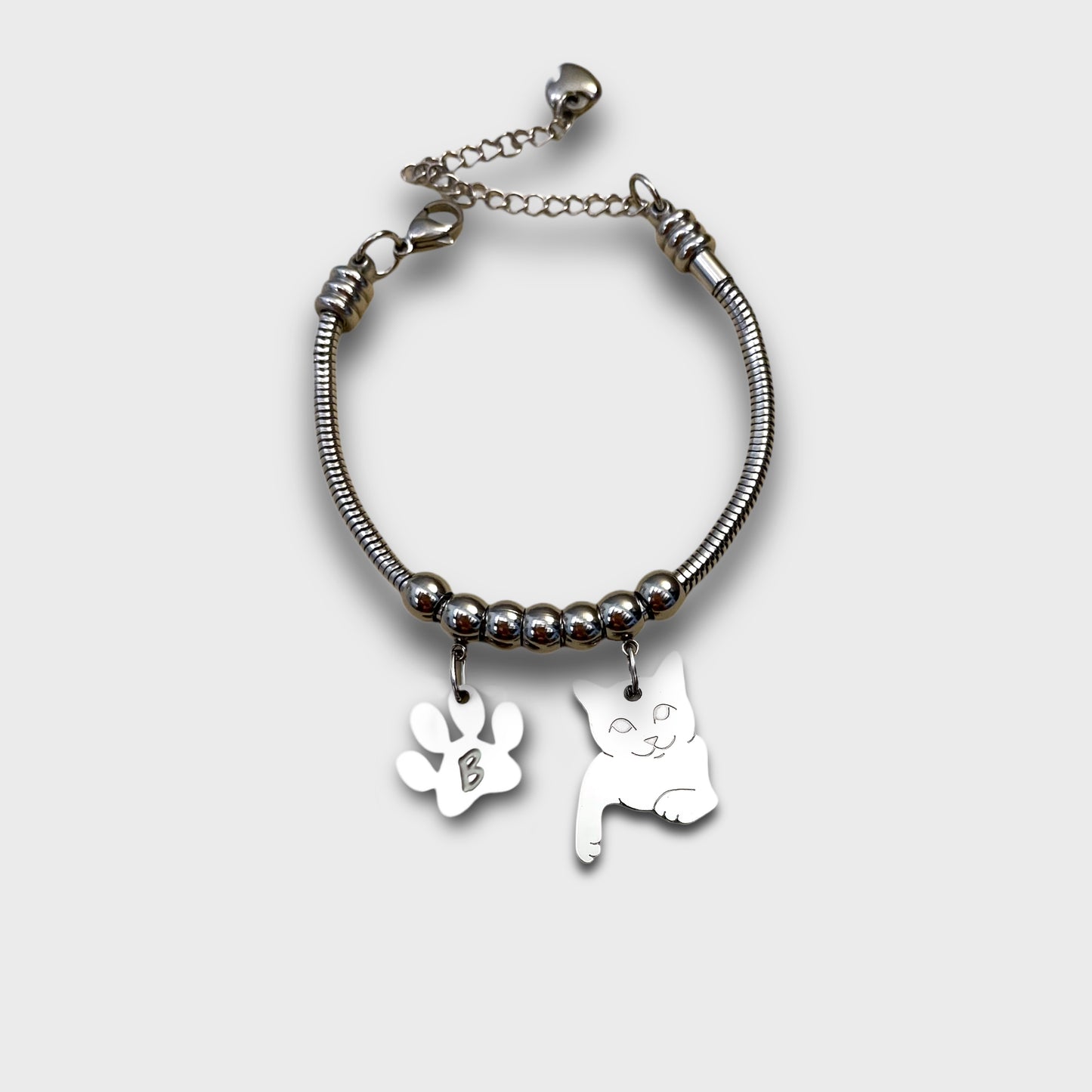 Bracciale Gatto, Gatto personalizzato con incisione, zampa gatto con iniziale incisa