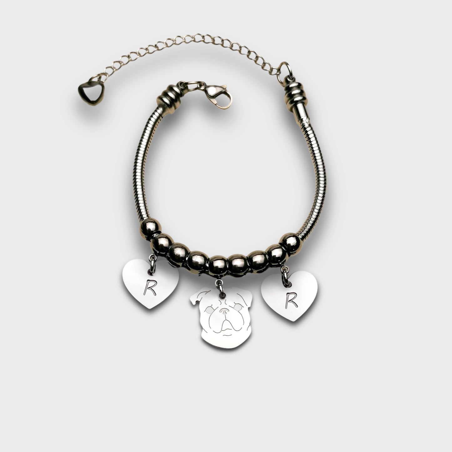 Pug dog bracelet and paw with engraved initial
