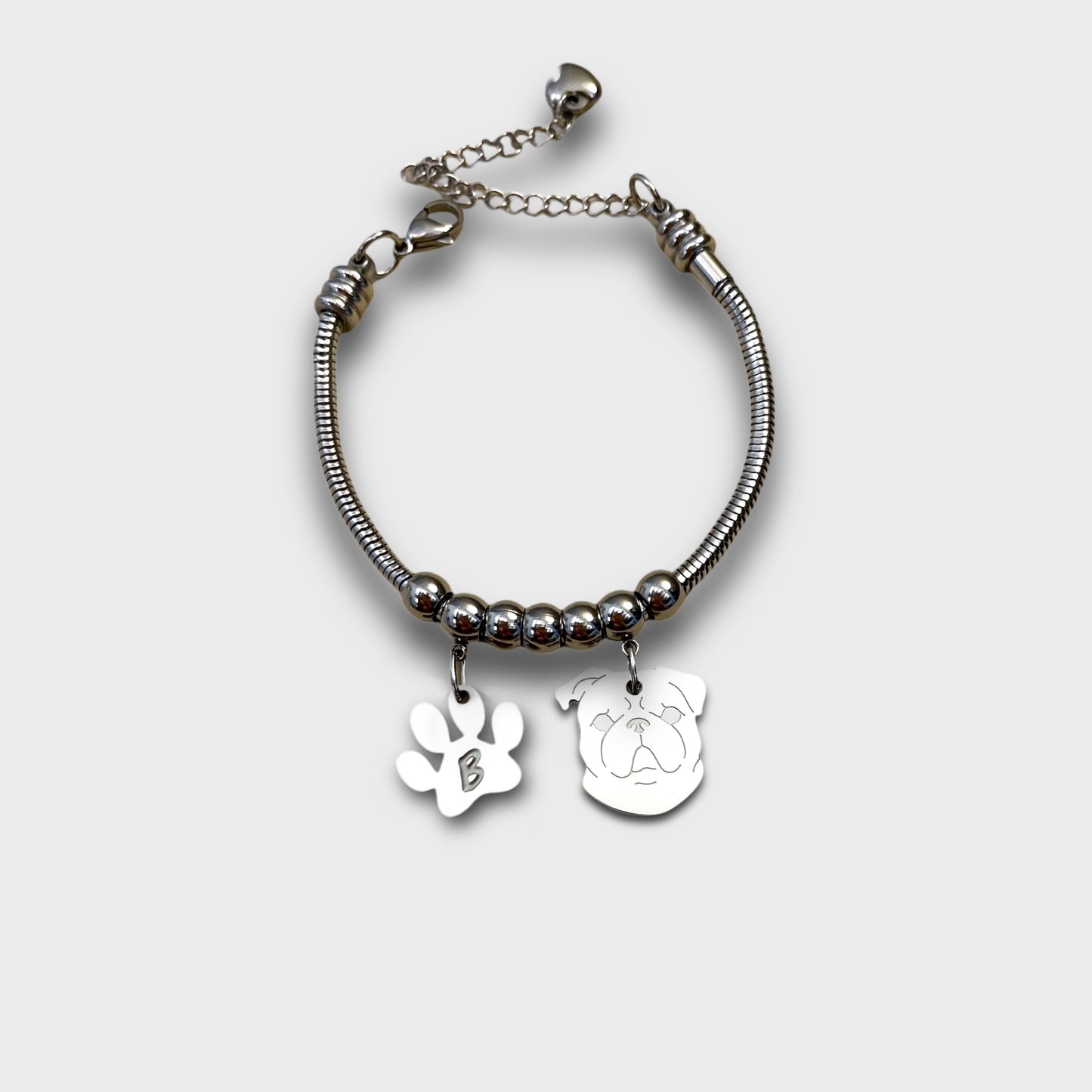 Pug dog bracelet and paw with engraved initial