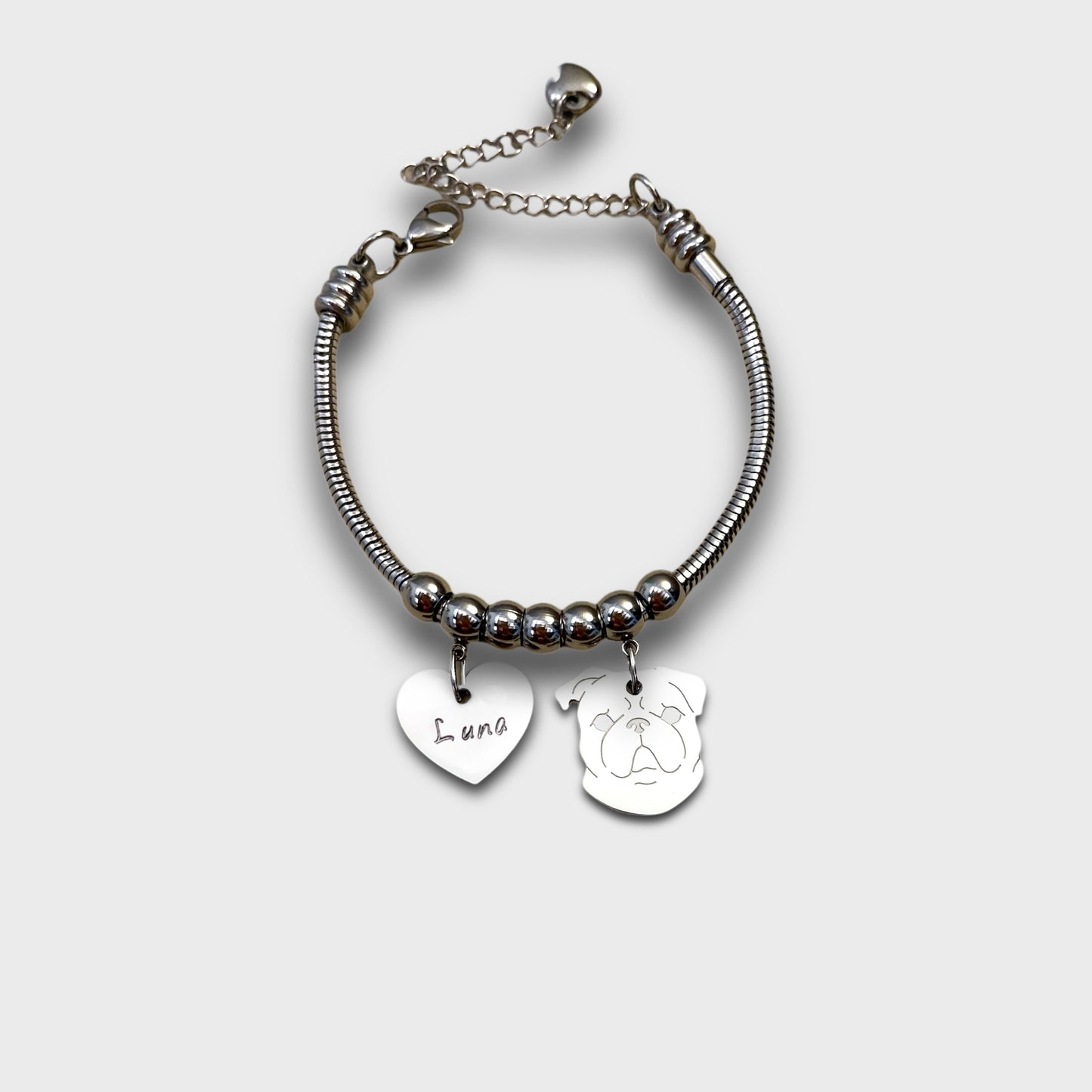 Pug dog bracelet and paw with engraved initial