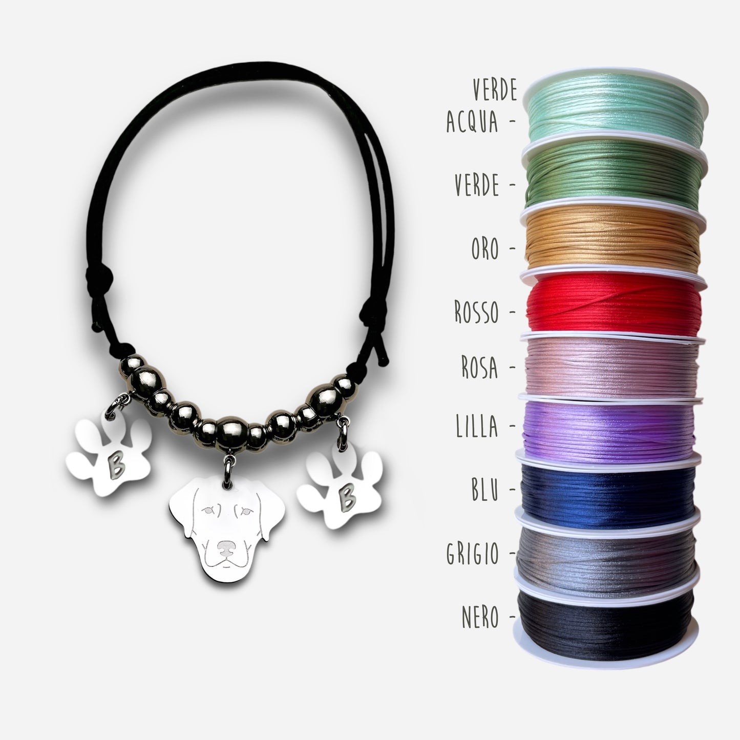 Bracciale cane Labrador, Ciondolo Labrador e zampa con iniziale incisa, Bracciale personalizzato Labrador