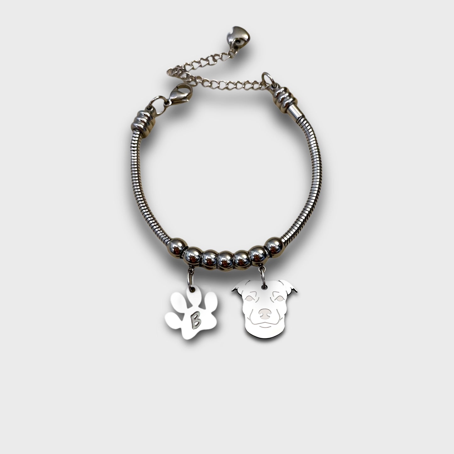 Bracciale cane Pitbull, Bracciale Pitbull e zampa con iniziale incisa,