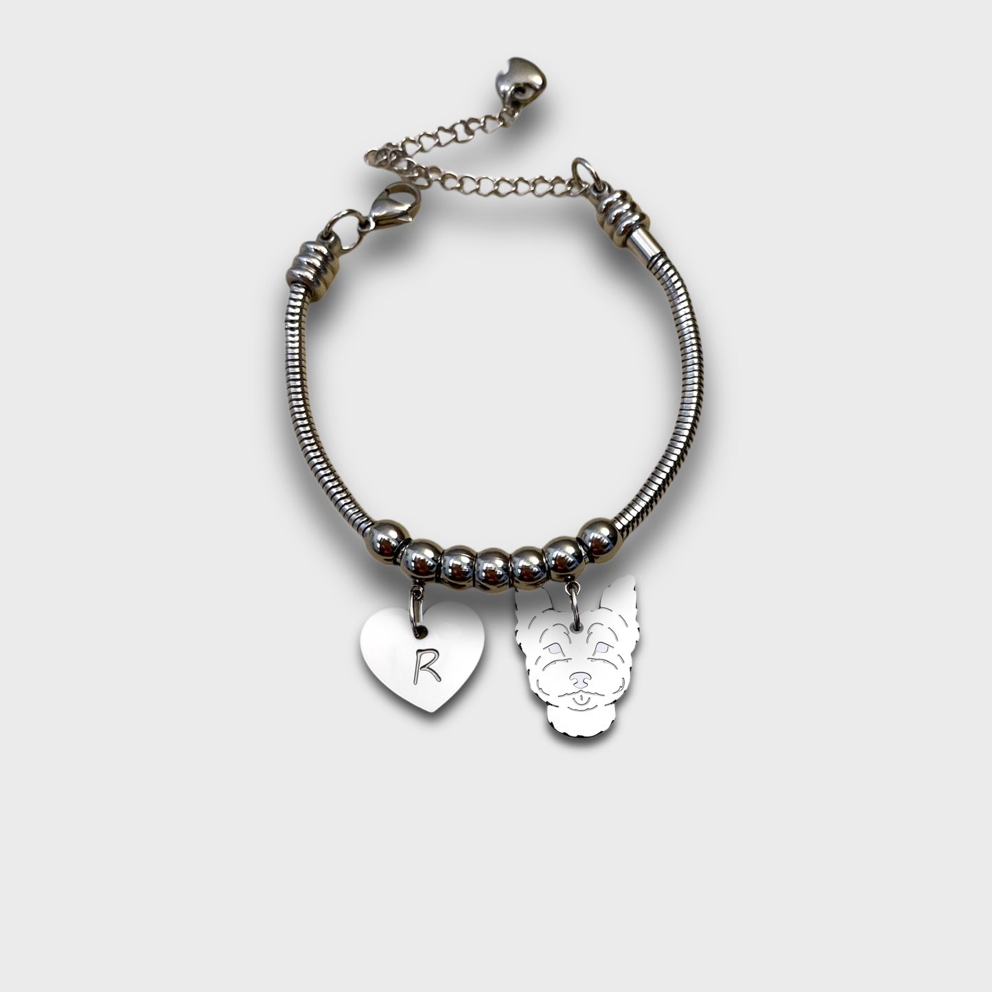 Yorkshire dog bracelet and paw with engraved initial