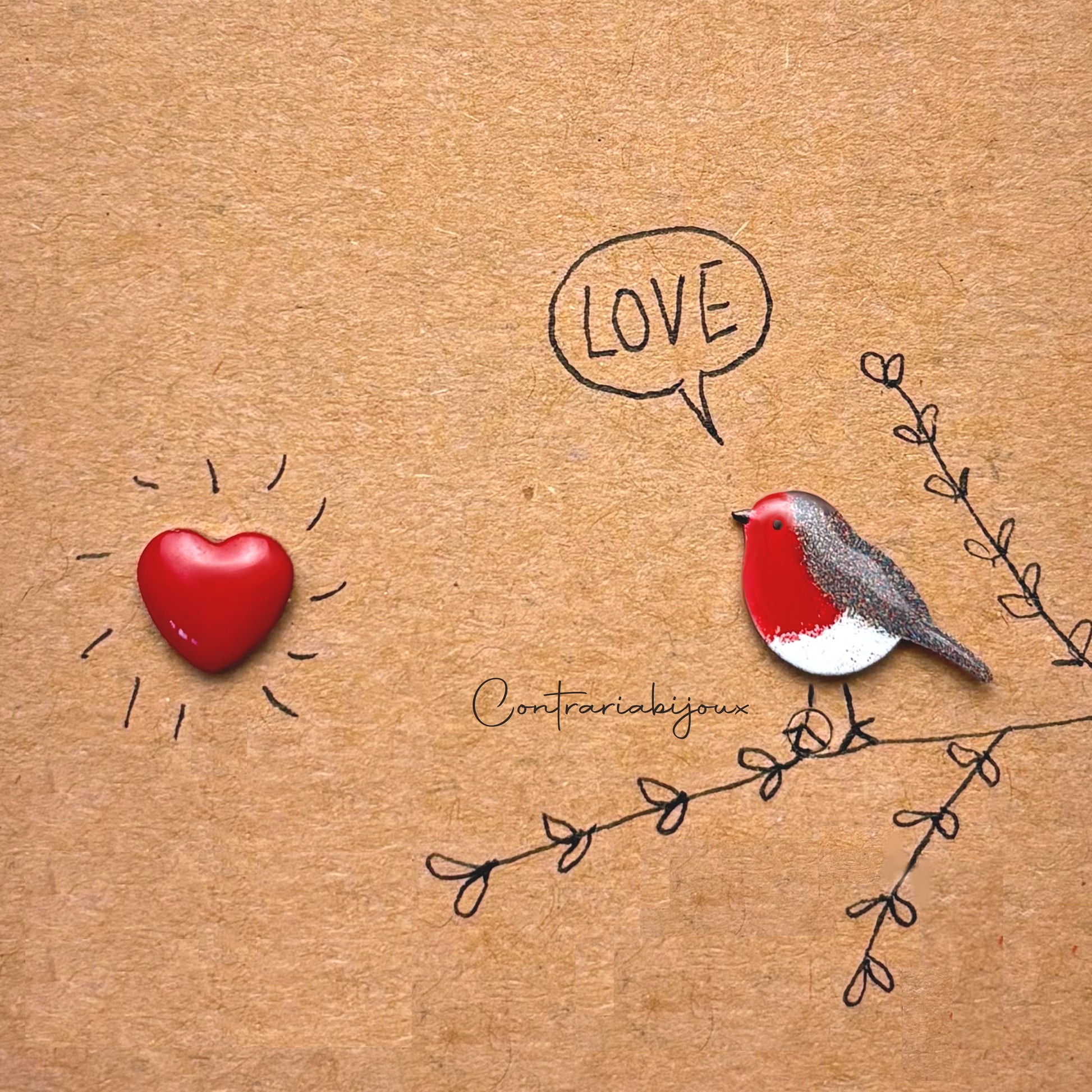 Orecchini pettirosso e cuore - Orecchini uccellini in stile unico - ContrariaBijoux