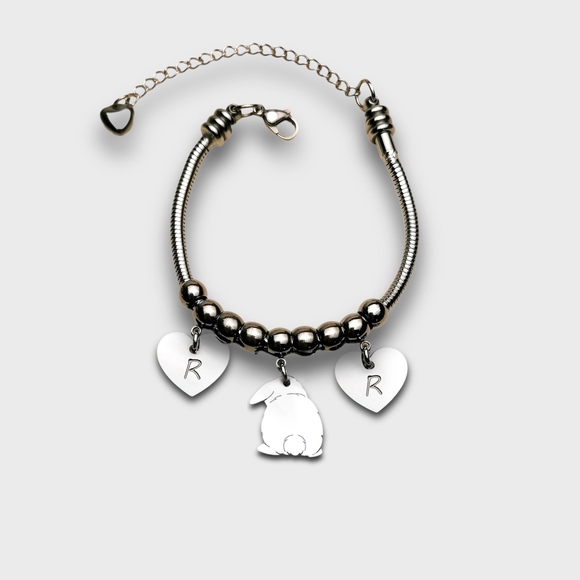 Bracciale Coniglio ariete codino a Pon Pon , Bracciale personalizzato coniglio ariete e cuore con nome inciso - ContrariaBijoux