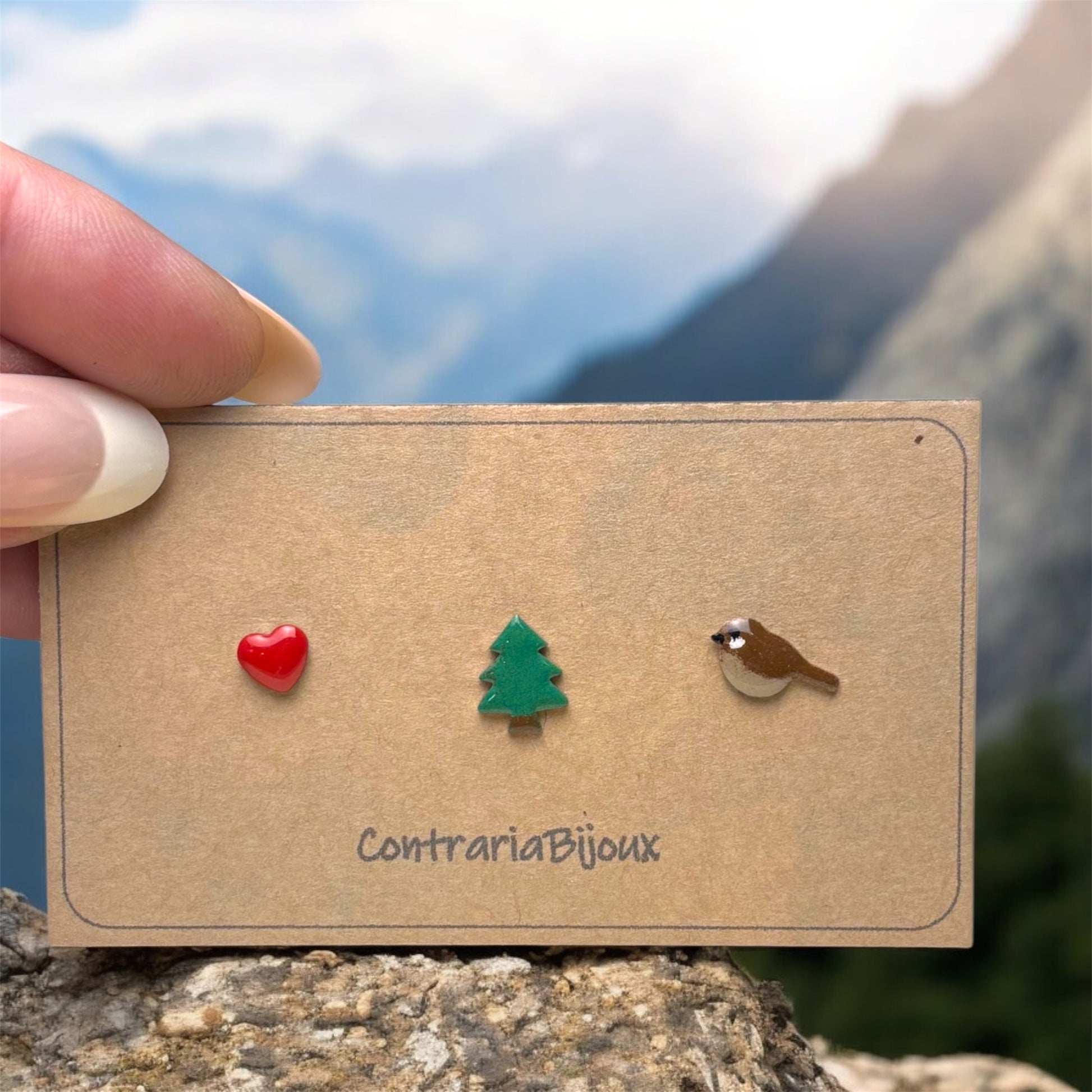 Orecchini Tris :  passerotto , abete e cuore - ContrariaBijoux