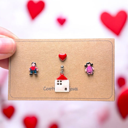 Orecchini mini : coppia innamorati lui e lei con cuore e casetta - ContrariaBijoux