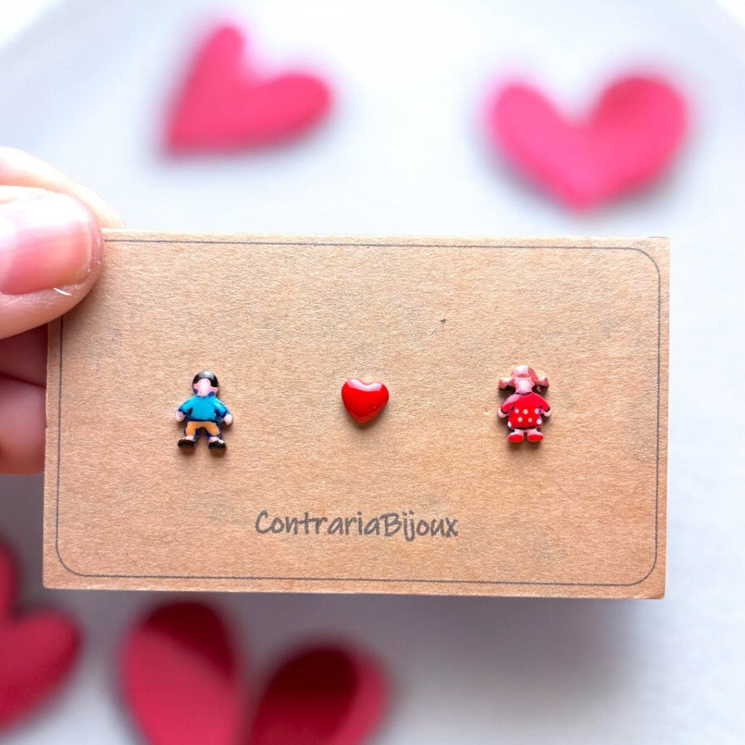 Orecchini Tris :  coppia innamorata lui e lei con cuore - ContrariaBijoux