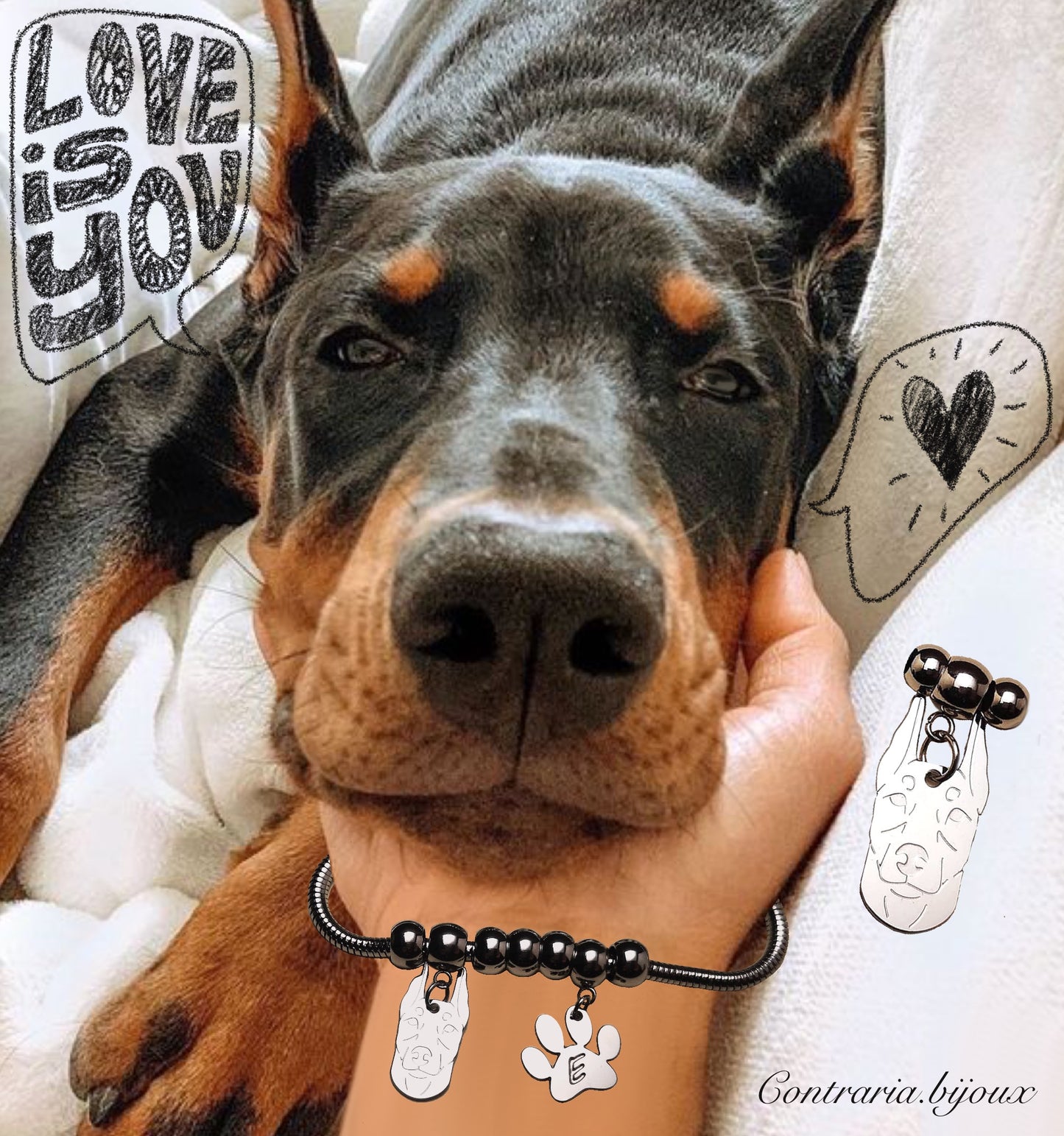 Bracciale Cane Dobermann e zampa con iniziale incisa