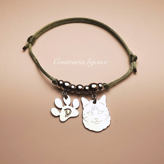 Bracciale Gatto e ciondolo zampa/cuore con iniziale incisa