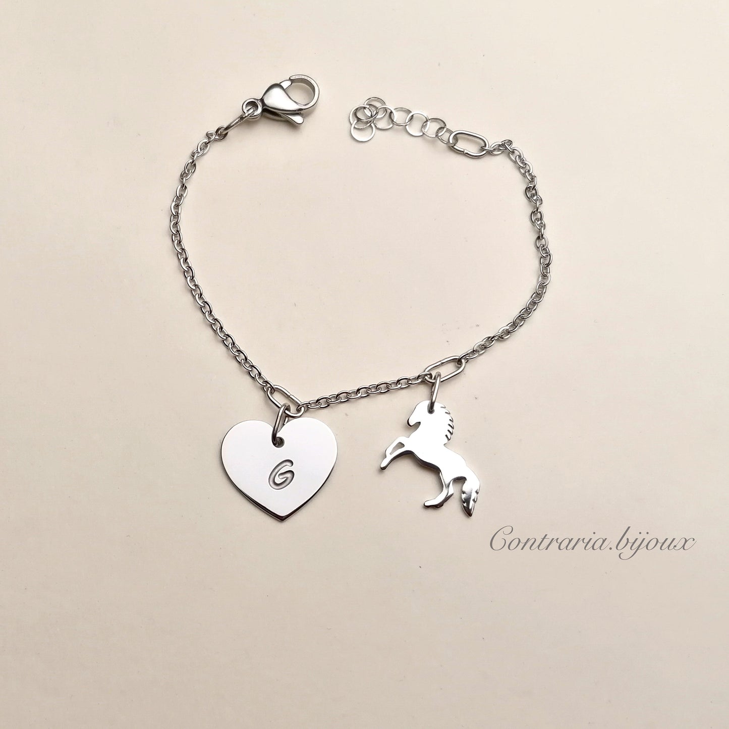 Bracciale cavallo e cuore con iniziale incisa